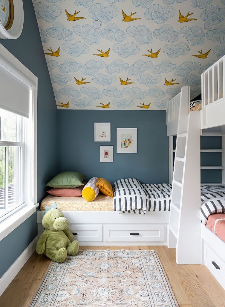 kids bedroom with ceiling wallpaper