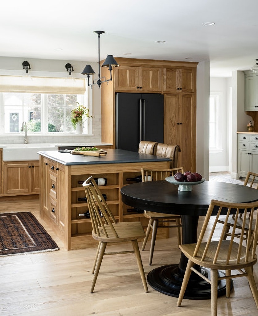 wood cabinetry in farmhouse kitchen