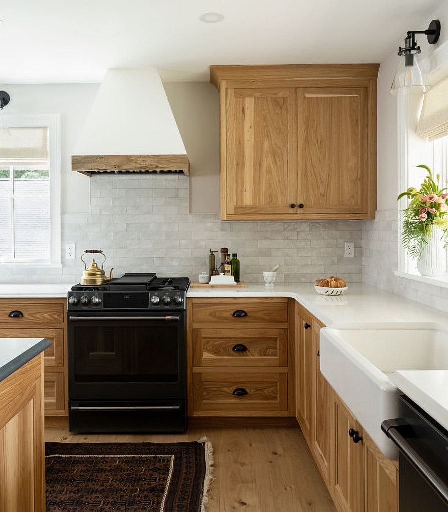 wood cabinetry in farmhouse kitchen