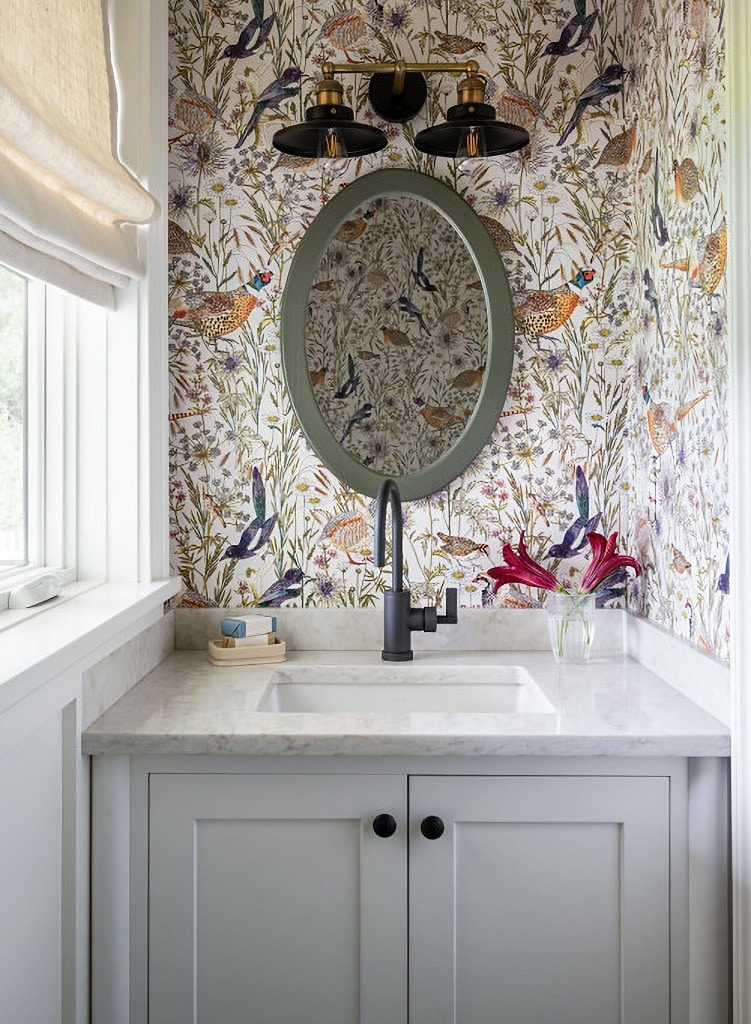 powder room with bird wallpaper