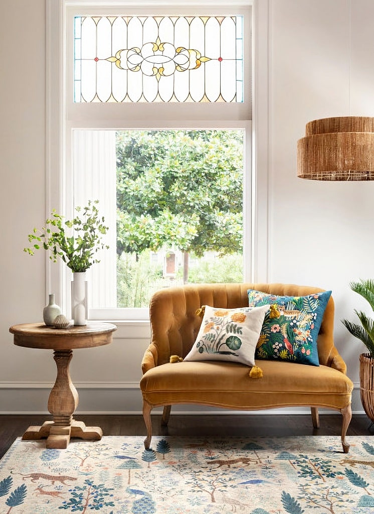 patterned pillows on loveseat