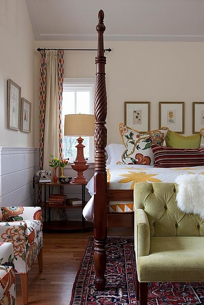 traditional master bedroom with color and pattern