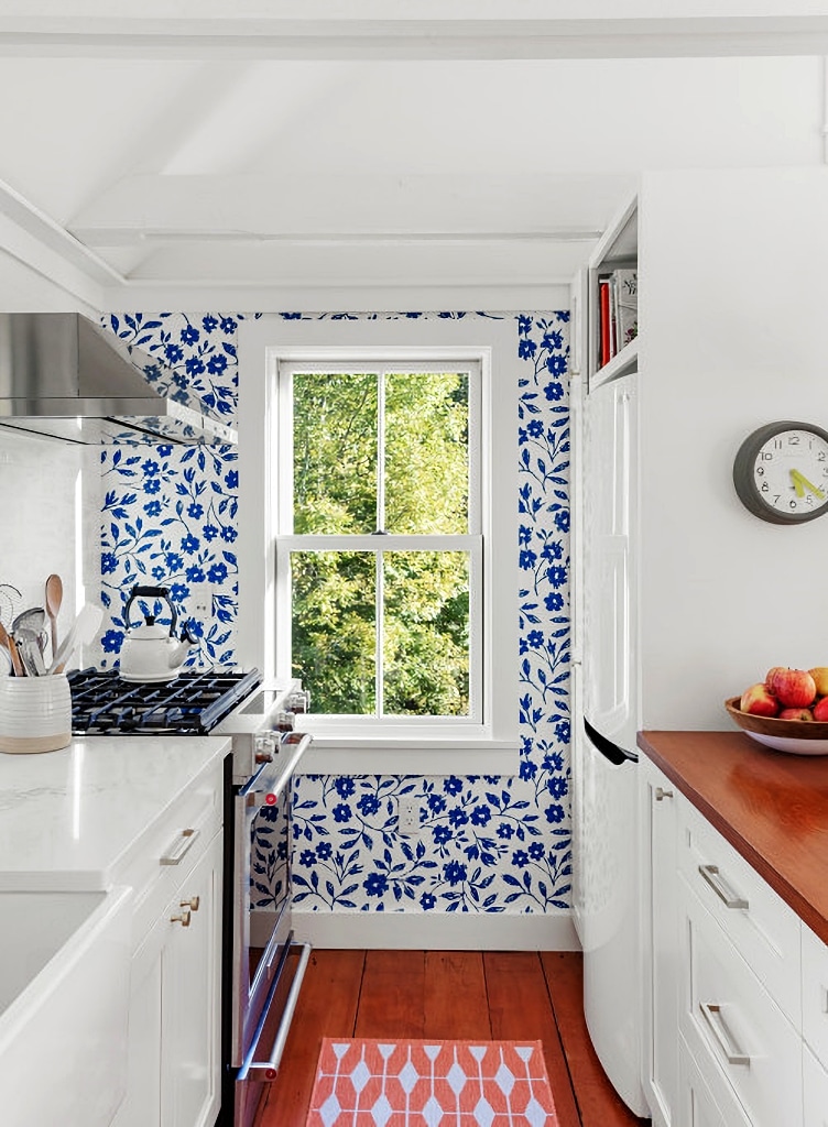 blue and white small kitchen