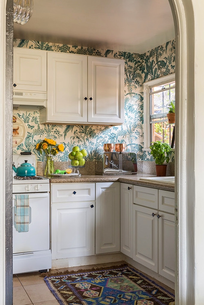 floral wallpaper in small kitchen