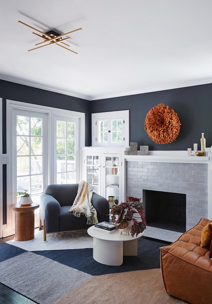 navy blue living room with fireplace