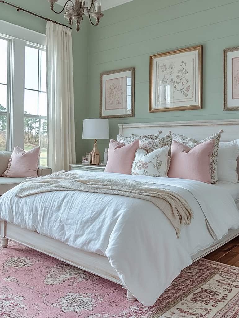 pale green and pink bedroom