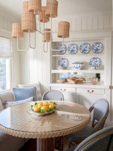 cottage breakfast nook in blue, white, and wicker