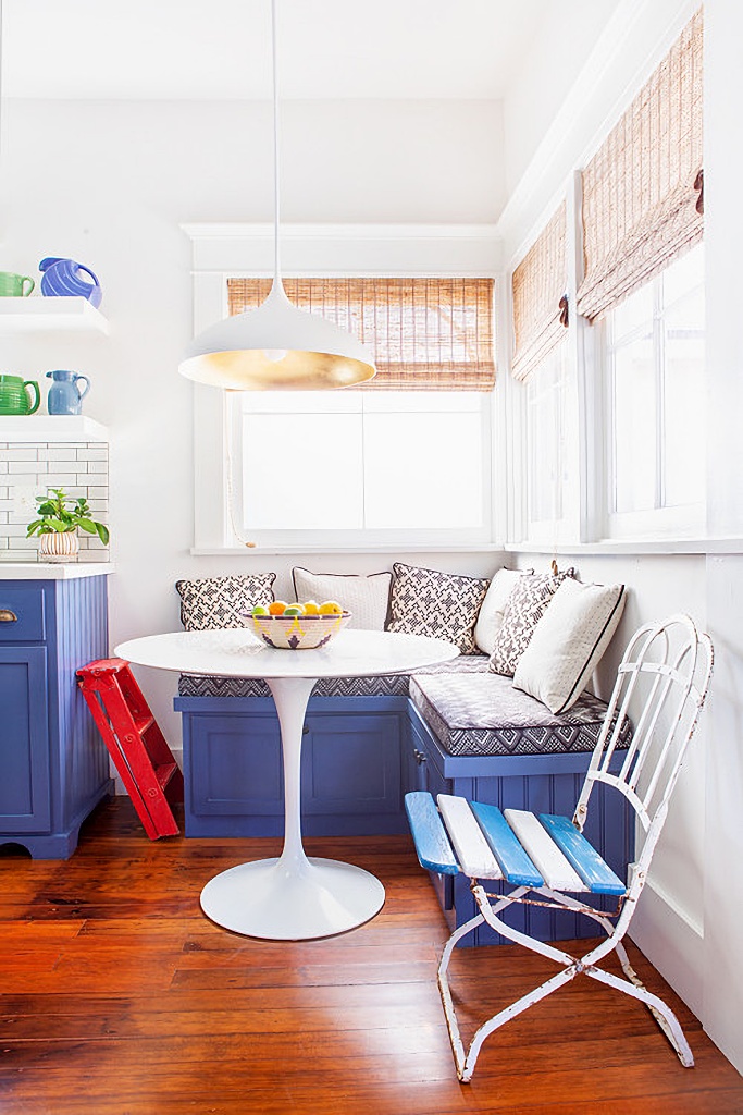 bright blue and white breakfast nook