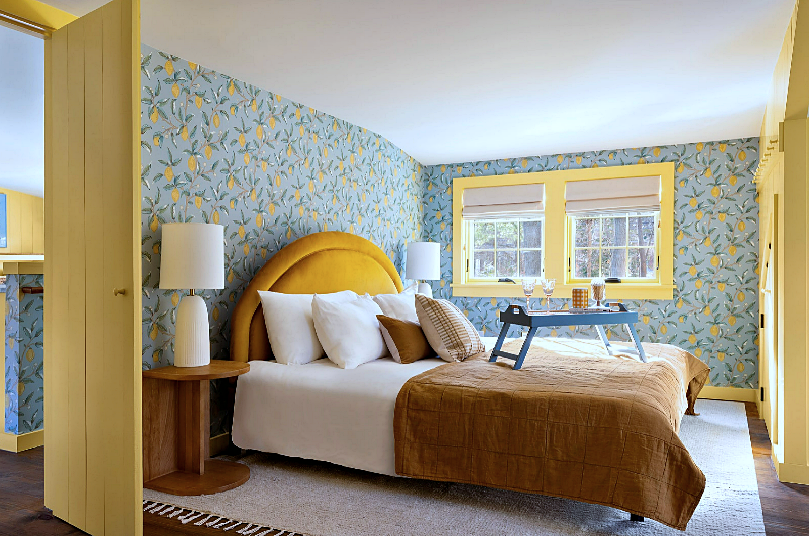 wallpapered cottage bedroom