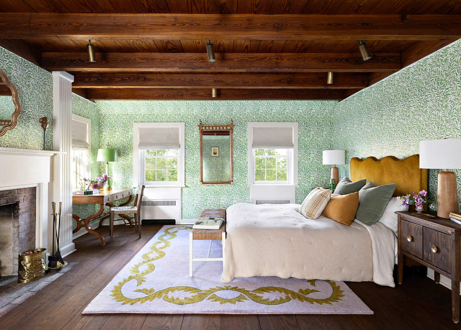 green wallpapered bedroom