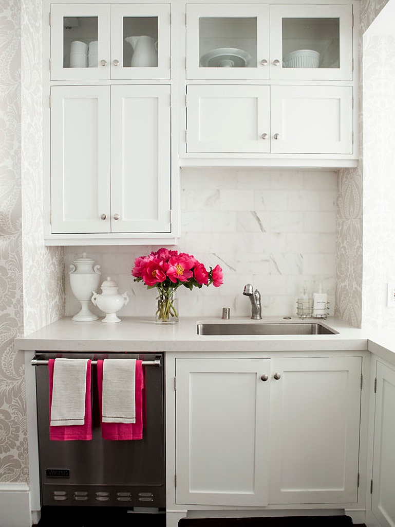 deep pink peonies in white kitchen