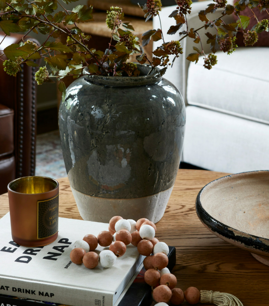 earthy living room vignette