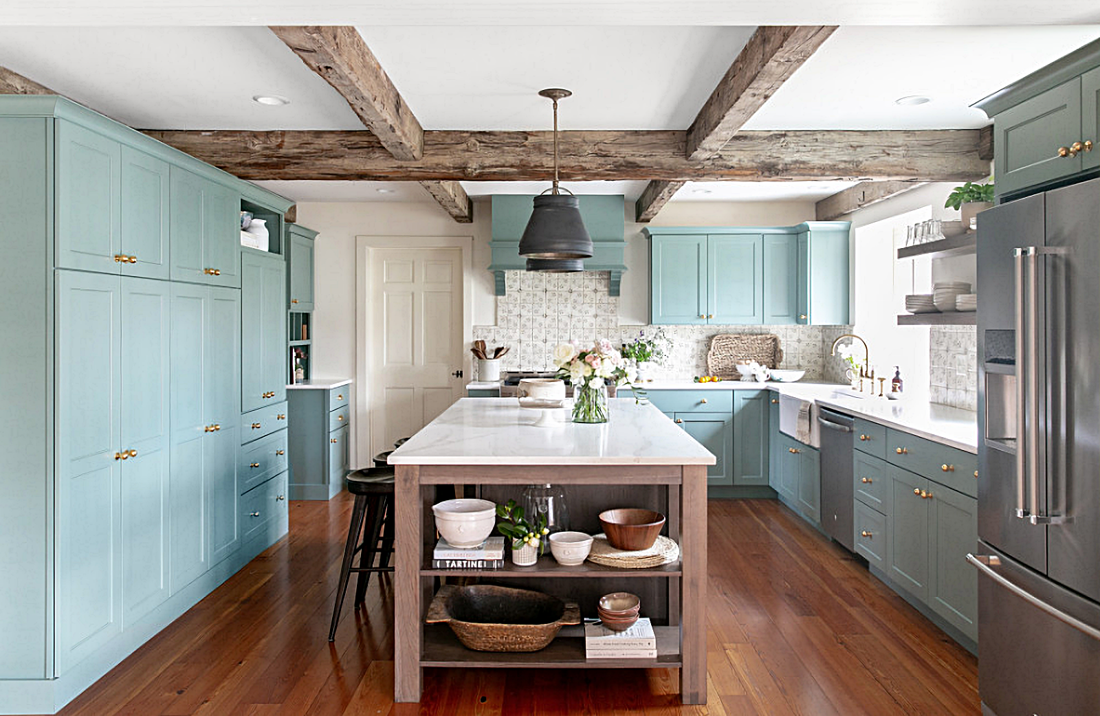 pale blue kitchen in renovated Colonial home