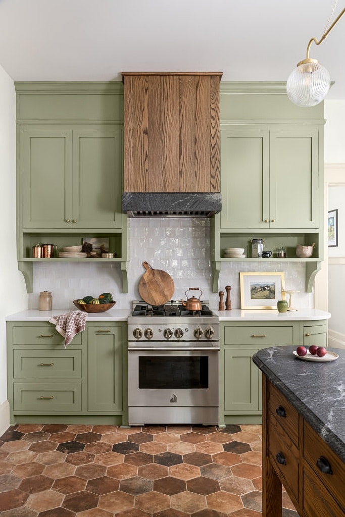 English cottage kitchen in soft sage green