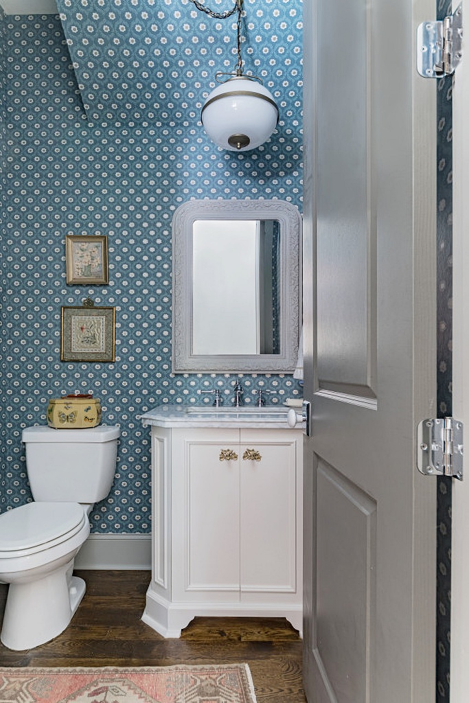 wallpapered powder room