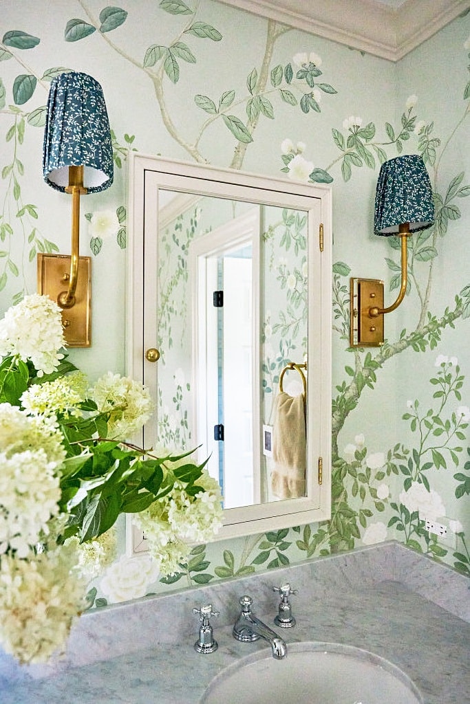 custom floral wallpaper in primary bathroom