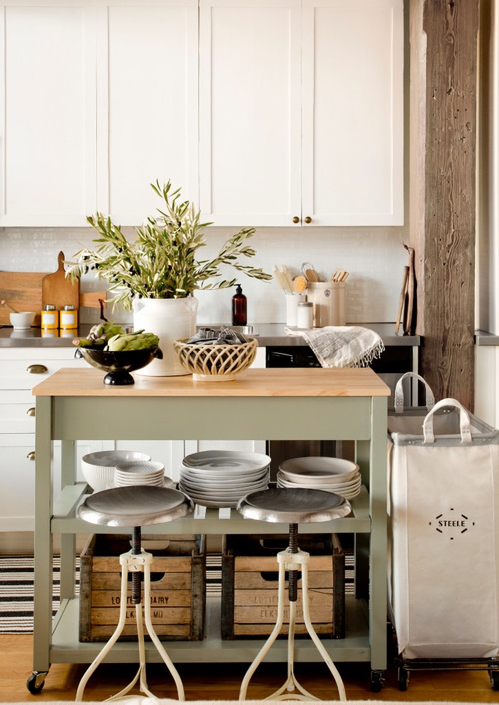 functional small city kitchen with rolling cart as kitchen island
