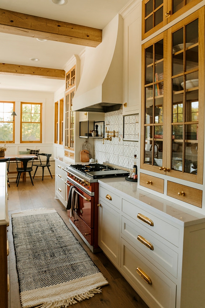 red stove in neutral kitchen