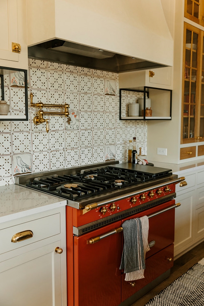 red range in sunlit kitchen
