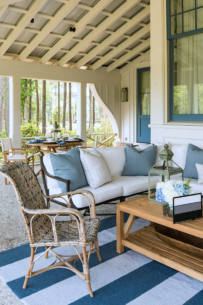 blue and white front porch in summer