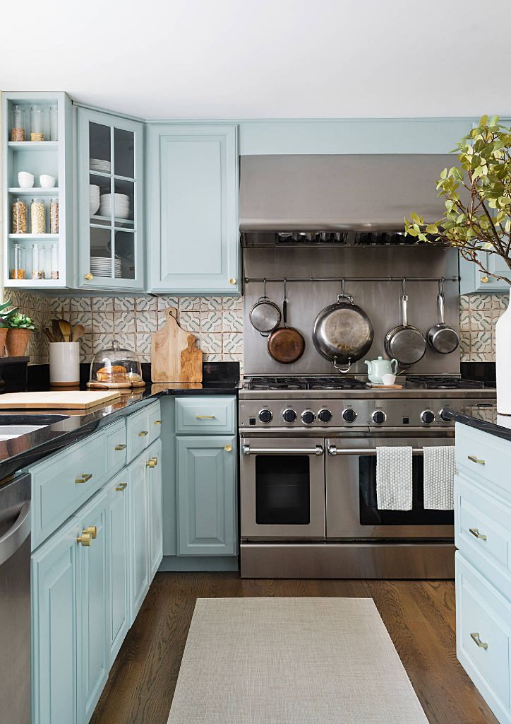 pale blue cabinetry in kitchen