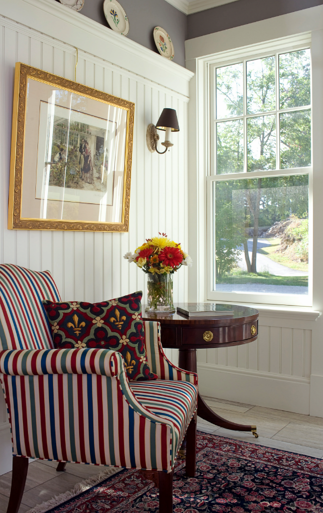 Navy and burgundy striped accent chair