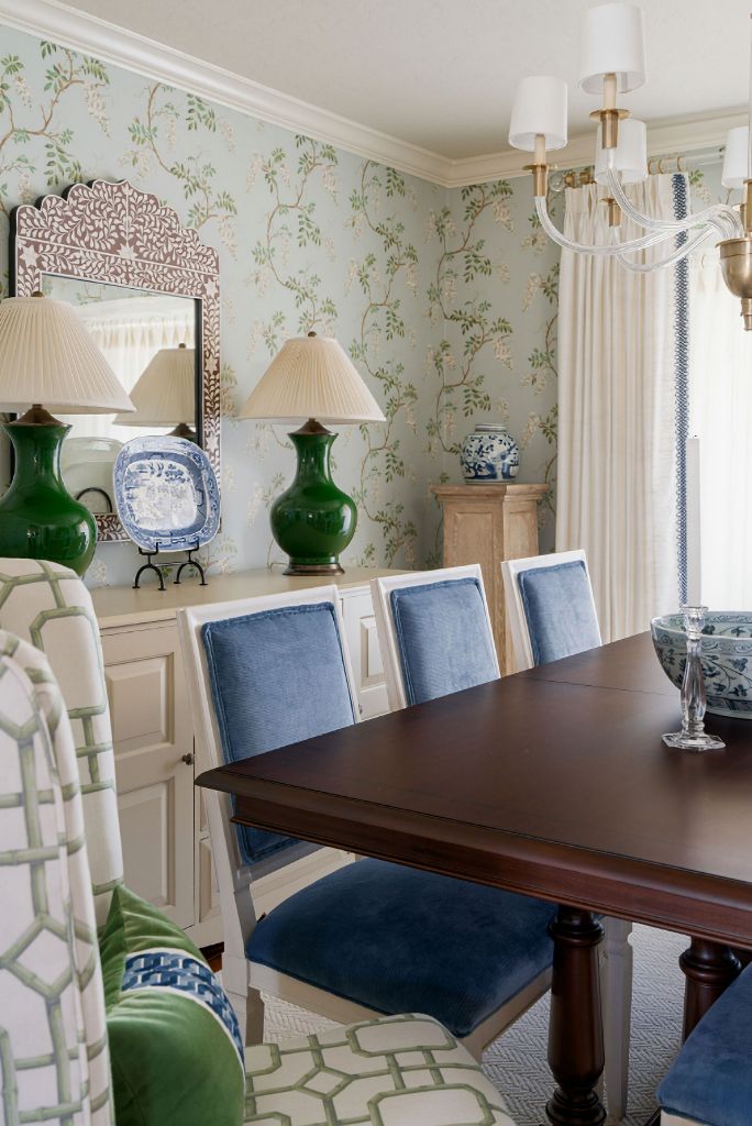 colorful dining room with wallpaper