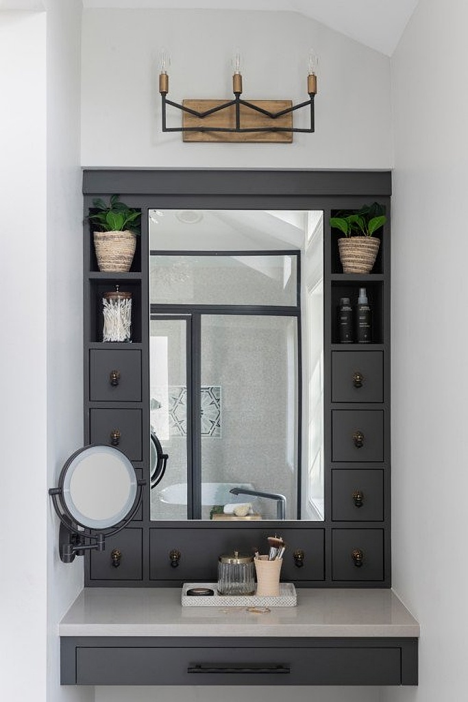 dark gray cabinetry in bathroom
