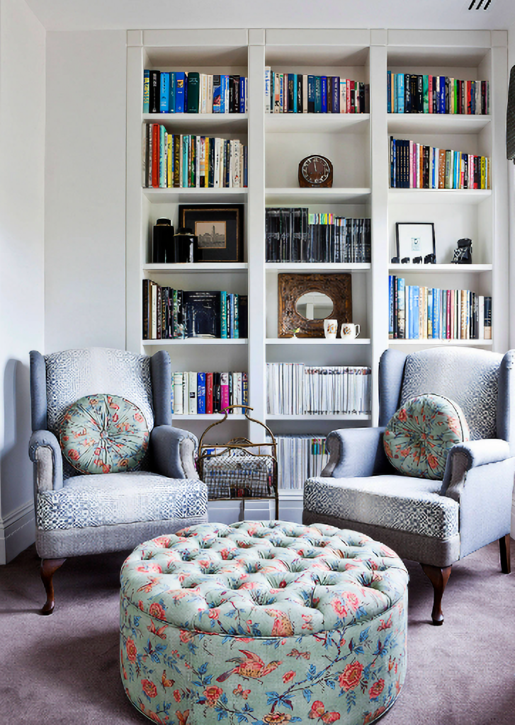 tufted ottoman in library