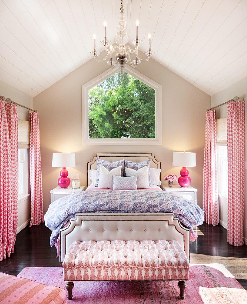 pink bedroom with vaulted ceiling