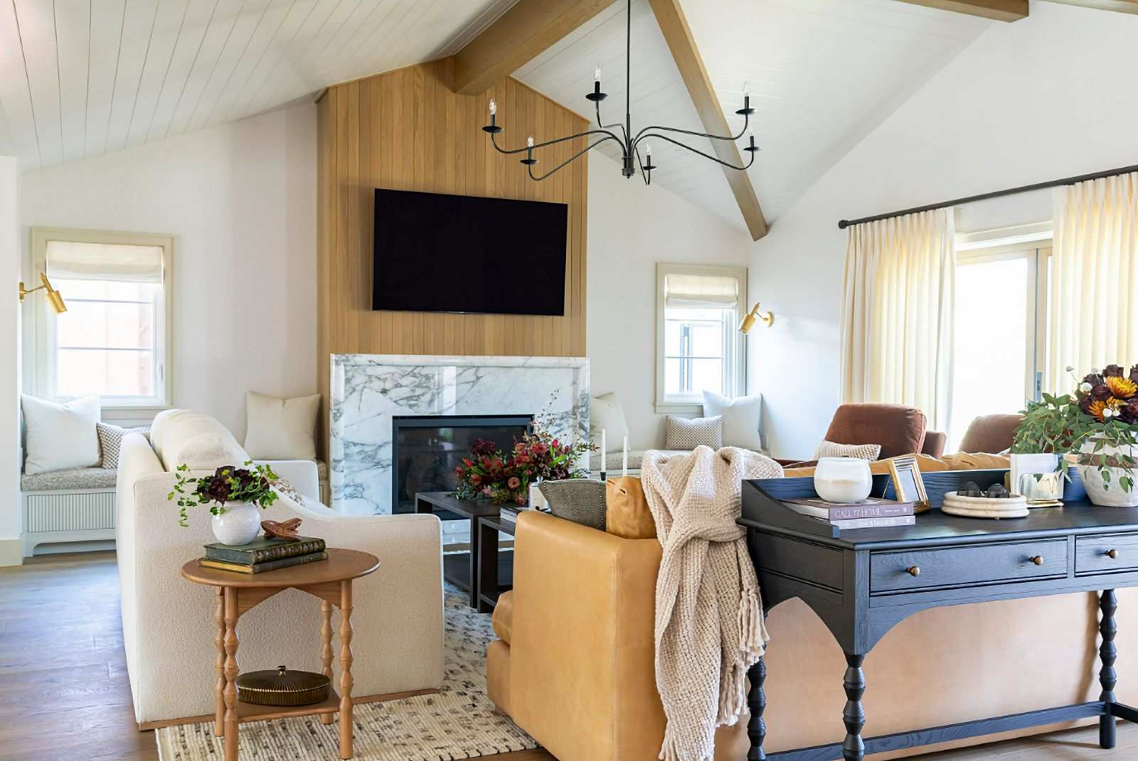 warm living room with soft mustard couch