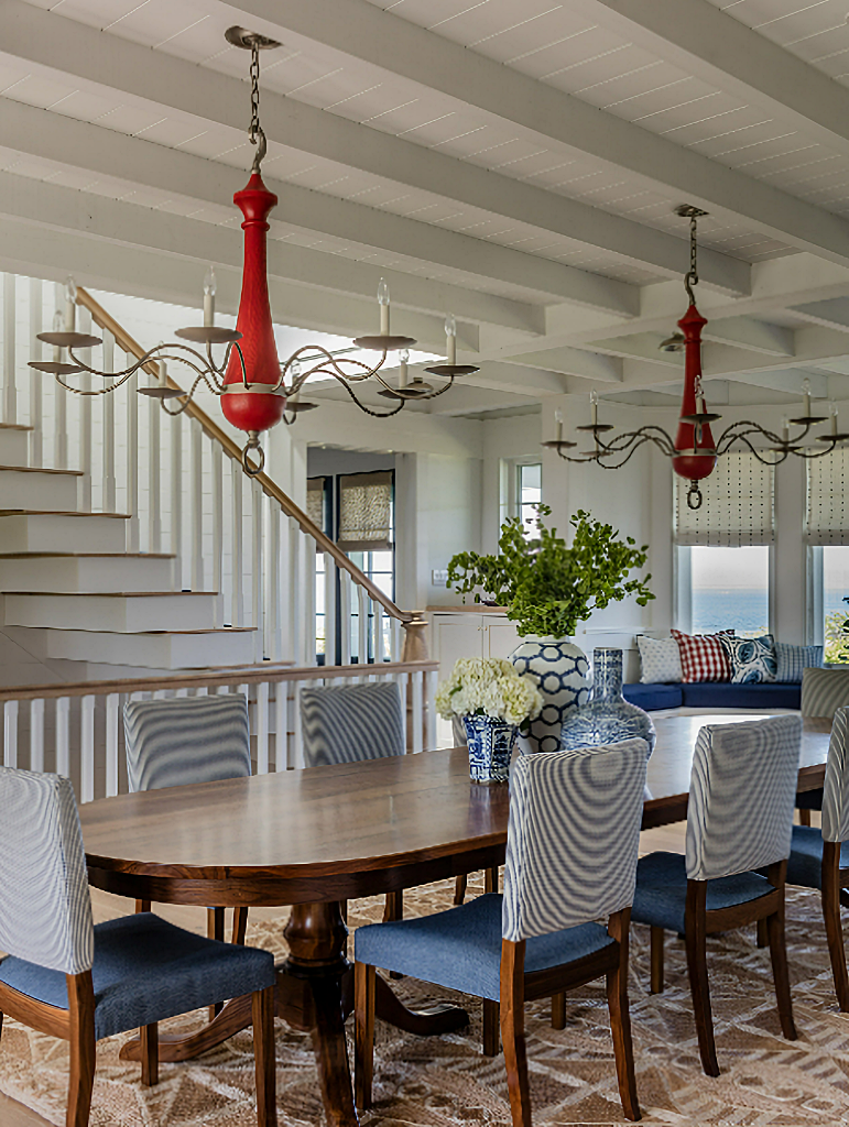coastal style dining room in red white and blue