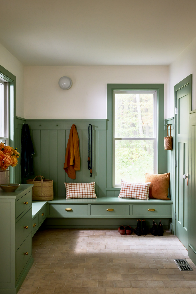 cream and sage green mudroom