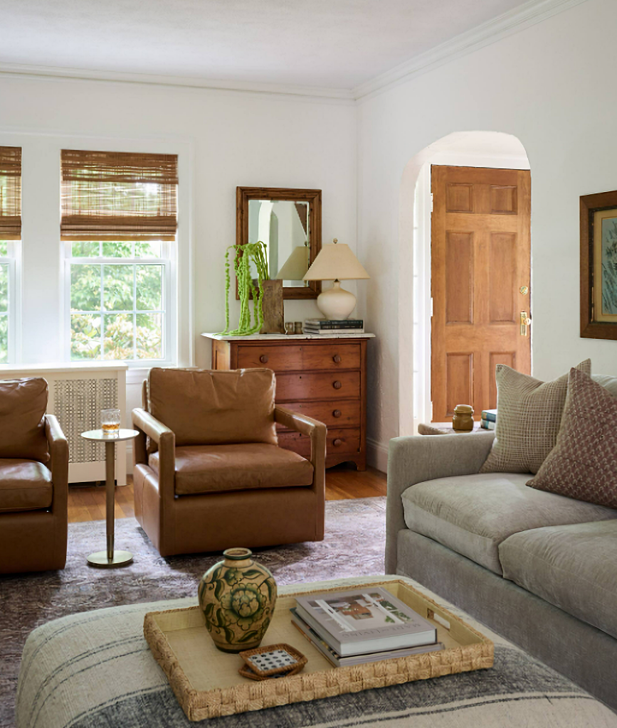 neutral living room with leather side chairs