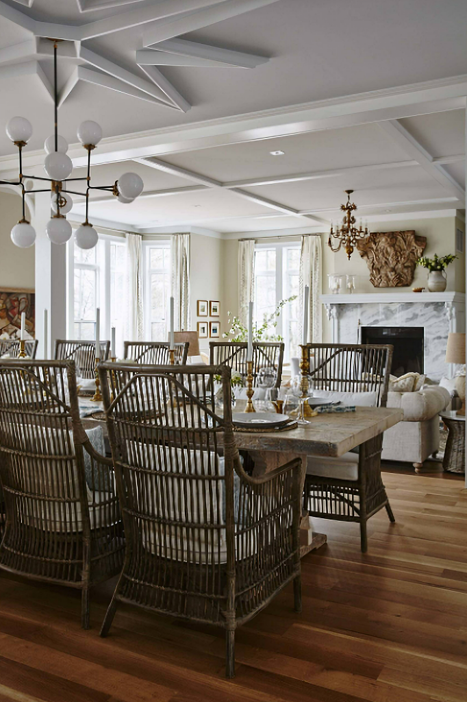 off-grid home dining room with rattan chairs