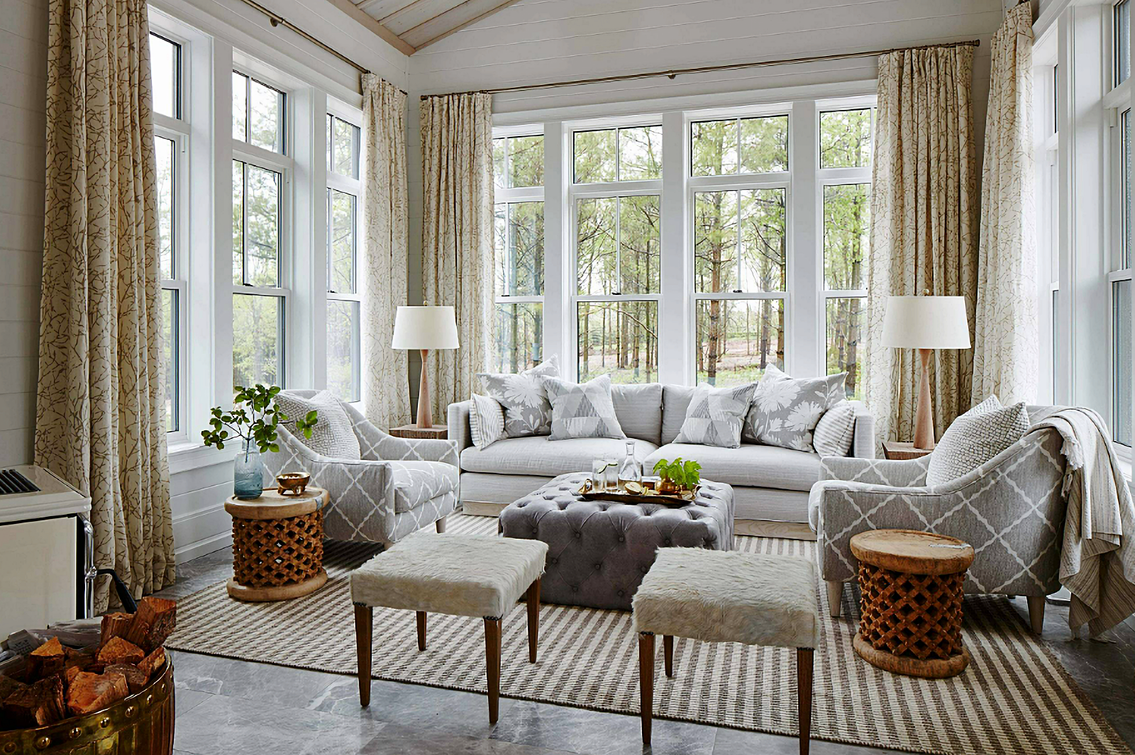 gorgeous sun room in neutral tones