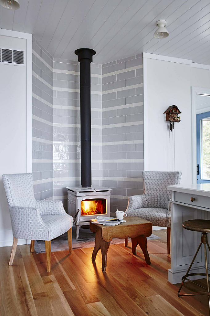 wood burning stove in kitchen