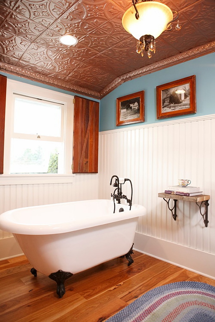 copper ceiling in vintage bathroom