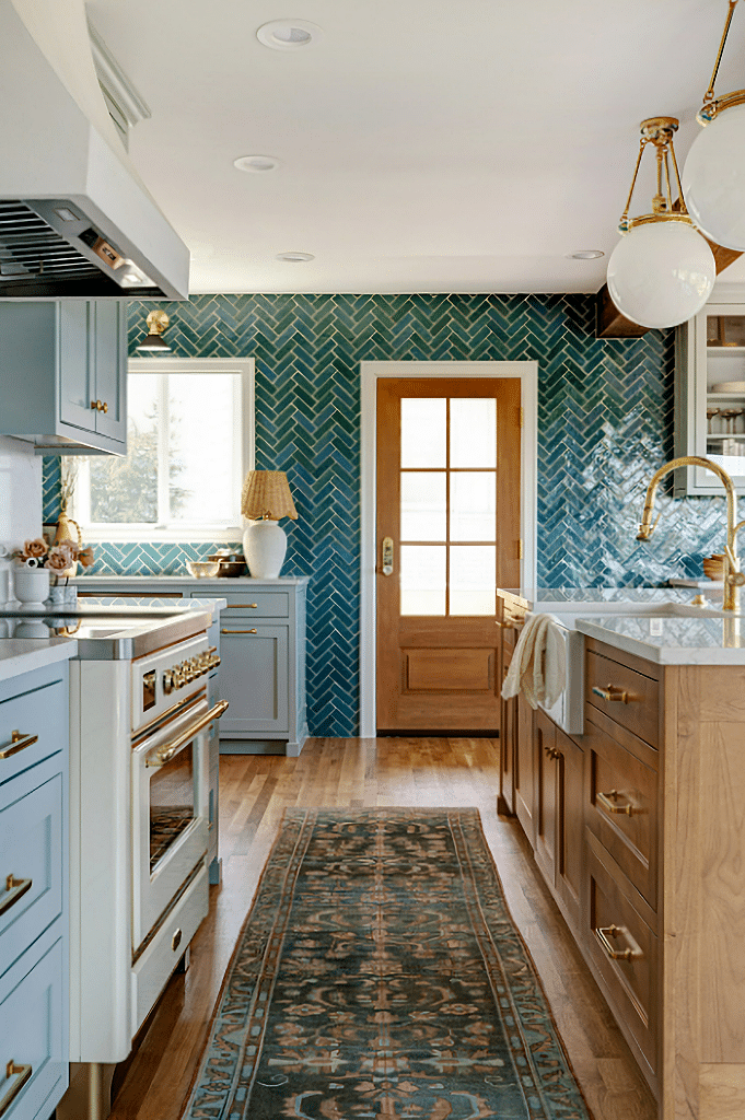glossy turquoise herringbone tile in kitchen