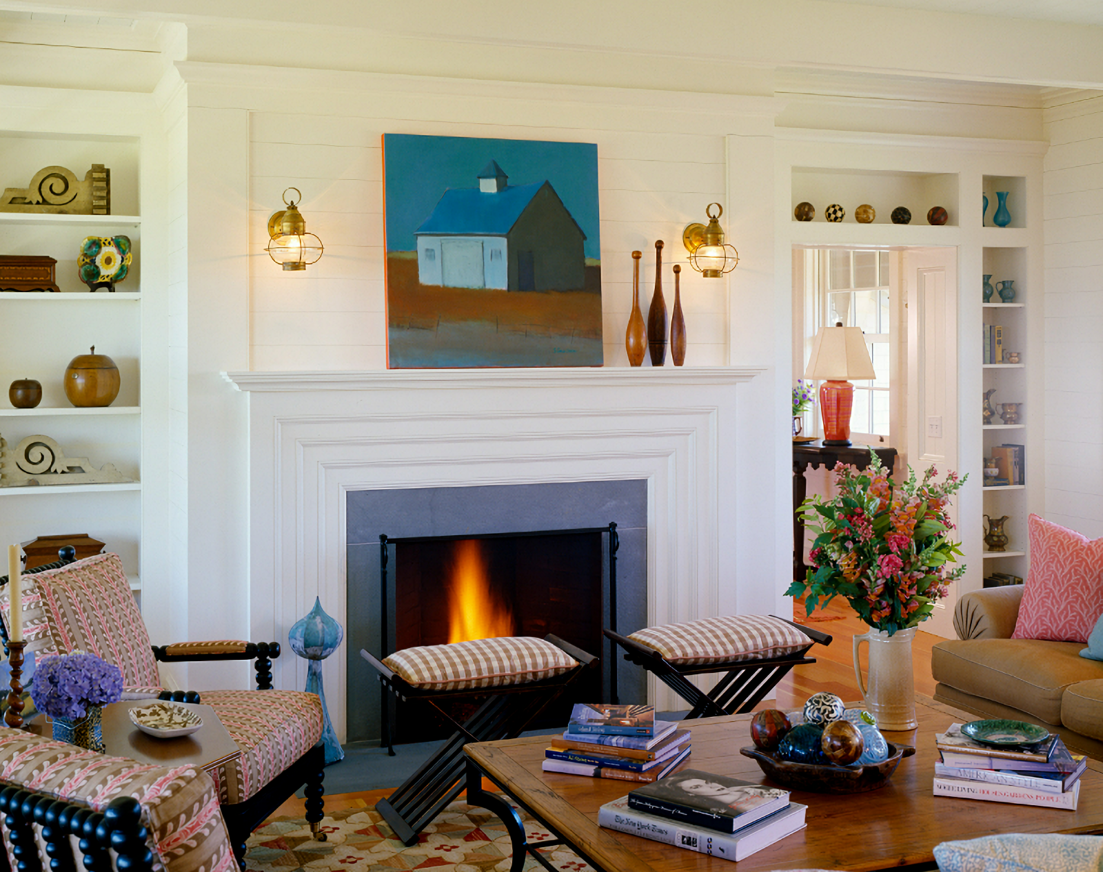 coastal living room with fireplace