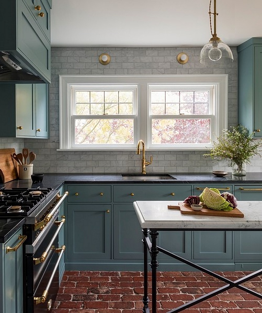 Tudor-style kitchen with Oval Room Blue cabinets