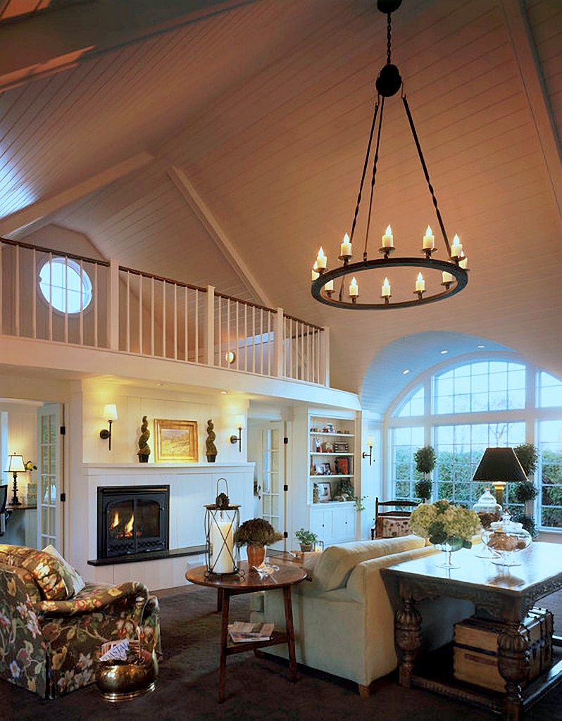 modern cottage living room with vaulted ceiling