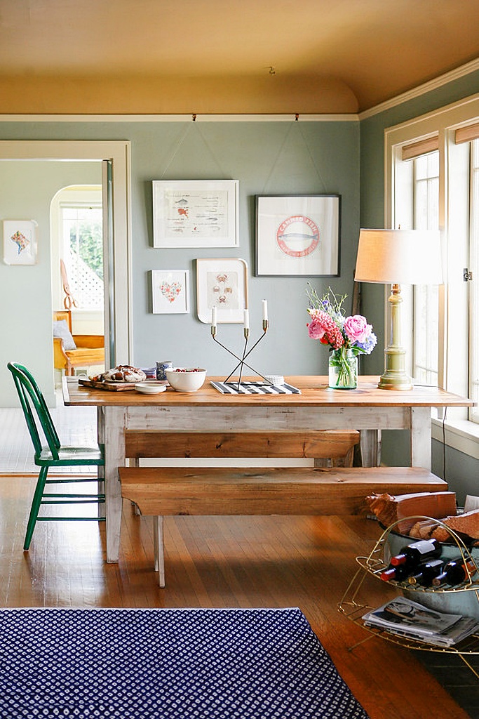 eclectic dining room with wood floors and picture rail