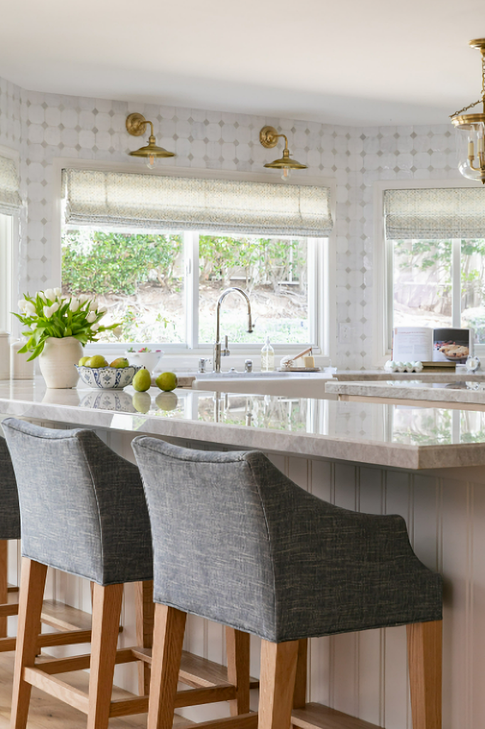 upholstered bar stools at kitchen island