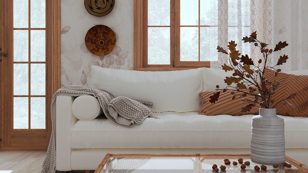 white sofa in white room with wood trim