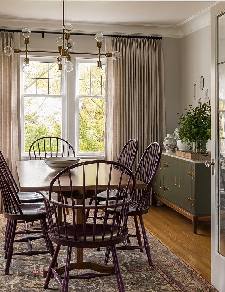 plum Windsor chairs in dining room