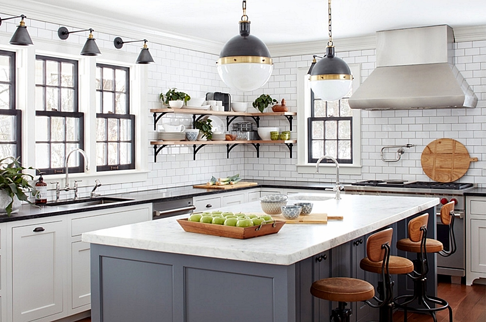 farmhouse kitchen with blue gray island