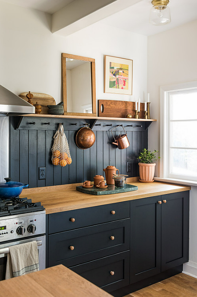 navy kitchen cabinets and wood counter tops