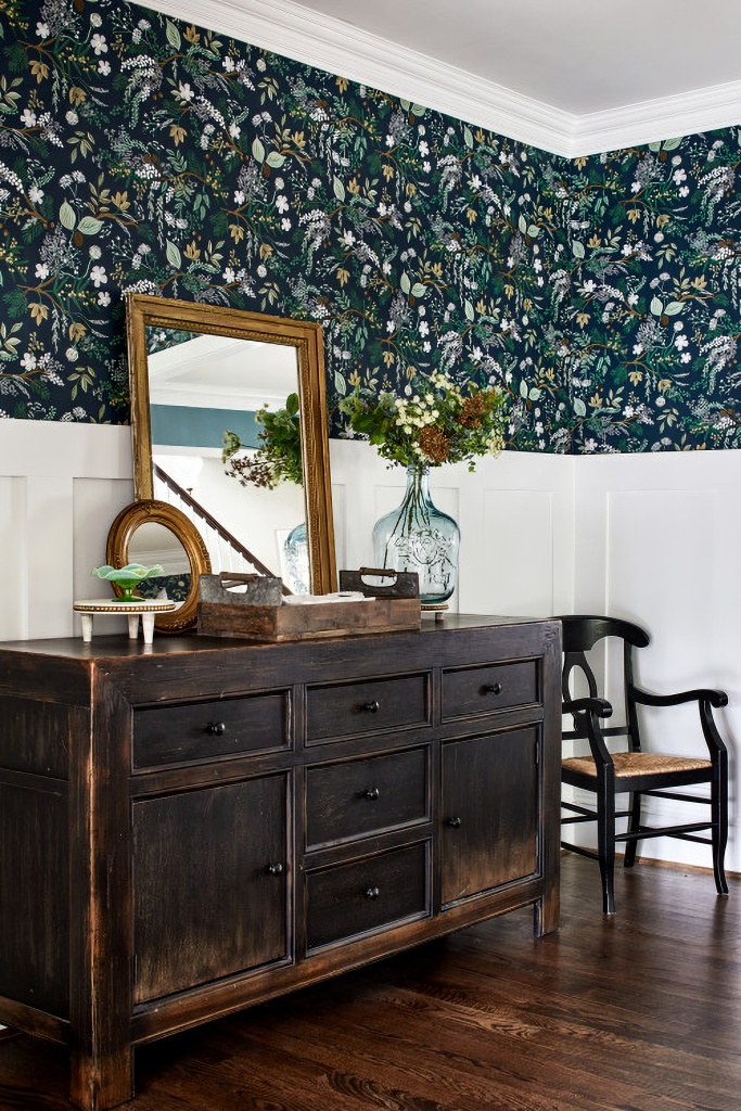 dark floral wallpaper in entryway