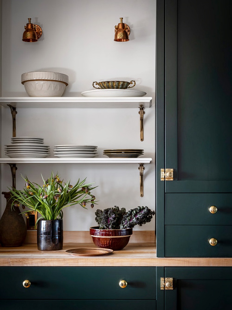pottery on open kitchen shelving